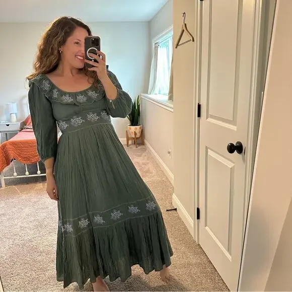 Free People Green Blue Cotton Gauze Floral Embroidered Maxi Dress Small - Picture 4 of 13